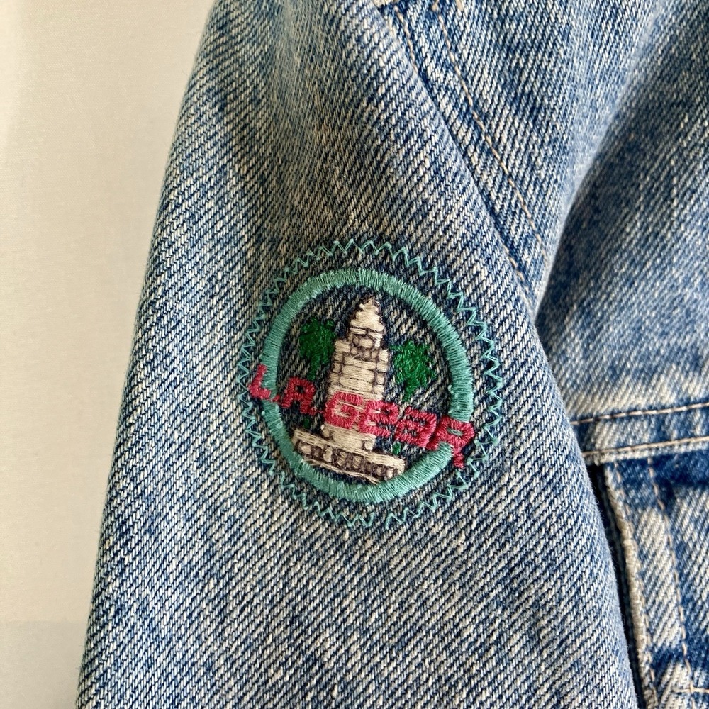Vintage L.A. Gear Denim Jacket Cropped 80s 90s Logo Patch Teal Pink Y2K Style M - Picture 3 of 16